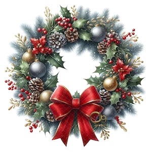 Watercolor Christmas Wreath Clipart 14 High Res JPGs Rustic Holiday Ornaments, Christmas Crafts, Cards, Scrapbooking,Journal,Xmas Decoration