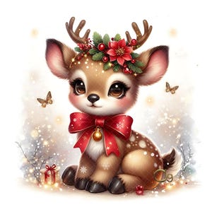 Images clipart de faons rennes de Noël, lot de 14 fichiers JPEG haute qualité 300 DPI, animaux mignons des fêtes, animaux d'hiver, loisirs créatifs numériques de Noël.