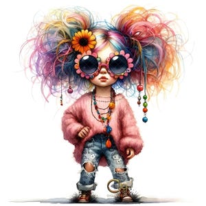 Peut inclure: Illustration fantaisiste d'un enfant aux cheveux multicolores en chignons. L'enfant porte des lunettes de soleil en forme de fleurs, un pull rose flou, un jean d&eacute;chir&eacute; et des colliers superpos&eacute;s. Des bottes marron compl&egrave;tent le look.