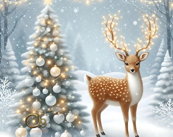 May include: A winter scene featuring a decorated Christmas tree with ornaments and lights, a reindeer with glowing antlers, and falling snow. The background includes snow-covered trees and a starry sky, creating a festive holiday atmosphere.