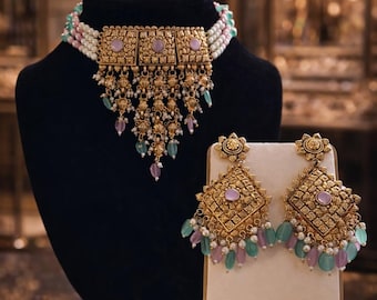 Kundan Choker Set: Rose Gold Jewelry with Earrings and Tikka