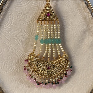 HeadPassa Jhumar Jhoomer pink mint/maroon Headpiece Bridal Passa/Hijab Headpiece/Indian Hair Jewellery/Pakistani side Headpiece