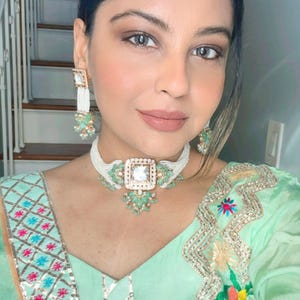Mint Green White Choker Necklace Set, Choker Indian Jewelry, High Quality Pearls Necklace Set, Green Choker Necklace Set