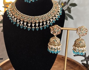 Conjunto de gargantilla nupcial Kundan de oro azul turquesa, pendientes Jhumka llamativos, Maang Tikka