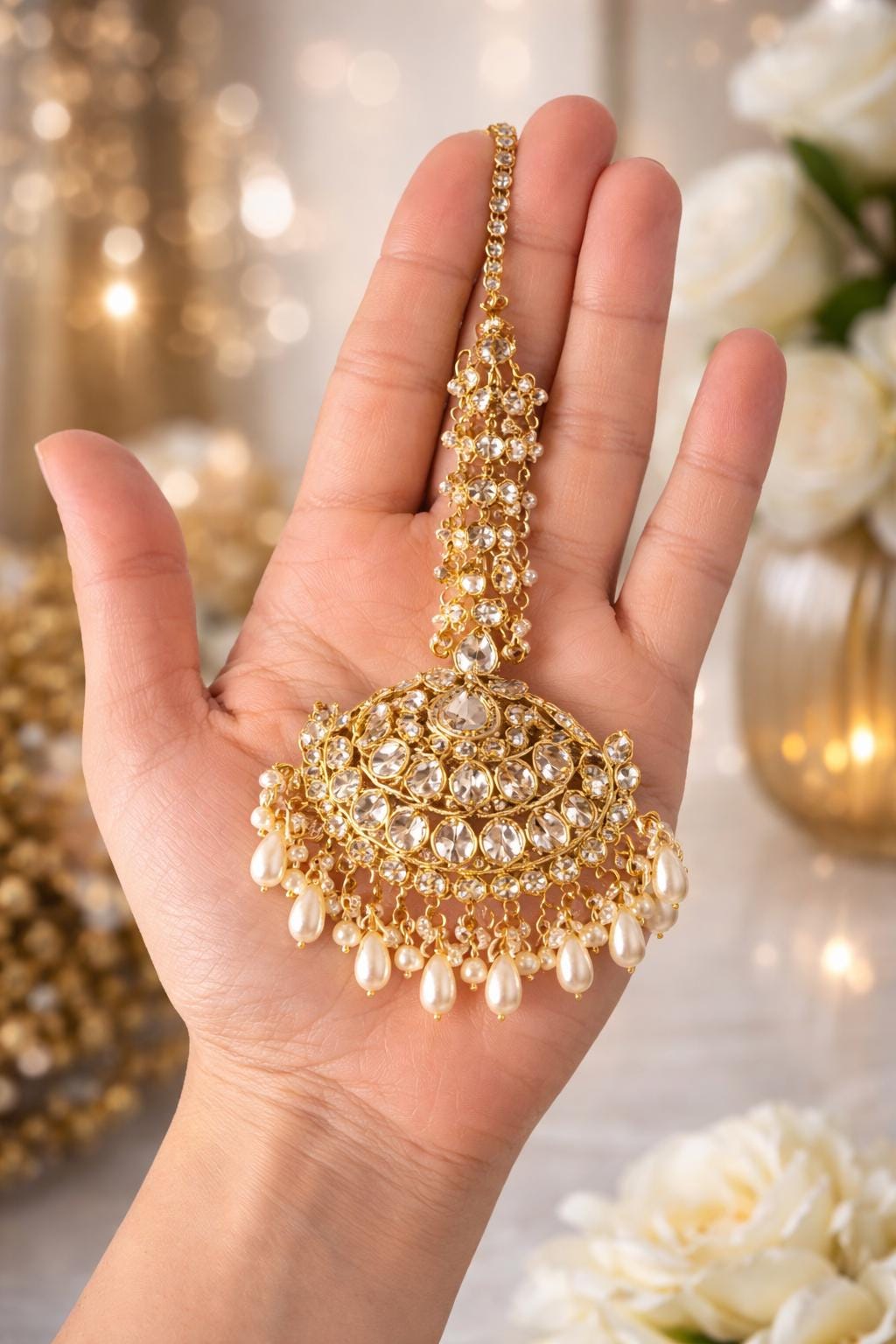 Gold Plated Kundan Pearl Maang Tikka: Bridal Head Jewelry - Etsy