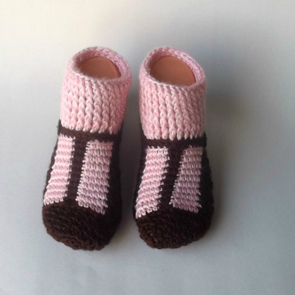 Pink and Brown Mary Janes Crochet Slippers, Slipper Socks, Women Slippers, T Strap Slippers