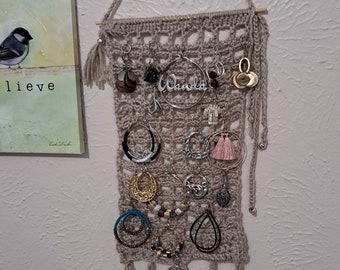 Light Gray Crochet Wall Hanging Earring Holder Wall Art Jewelry Storage