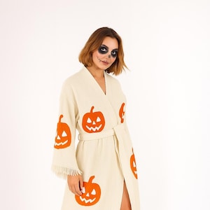 Handvävd Halloween-kimonomantel: Pumpamönster turkisk bomull, Halloweenkostym