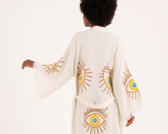 Handgemaakte kimonobadjas Evil Eye – bohokatoen, oversized strand- en loungekleding