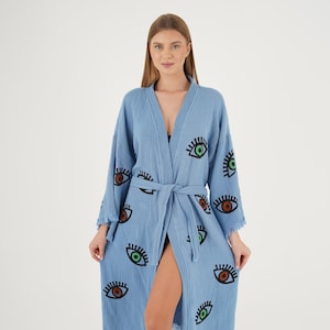 Kimono for Beach, Blue Cotton Blue Evil Eye Patterned Muslin Kimono, Muslin Robe, Morning Gown, Dressing Gown, Loose fit Kimono, Boho Robe