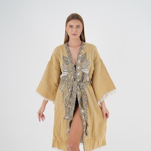 Mustard Linen Kimono Robe: Turkish Cotton Bathrobe, Plus Size