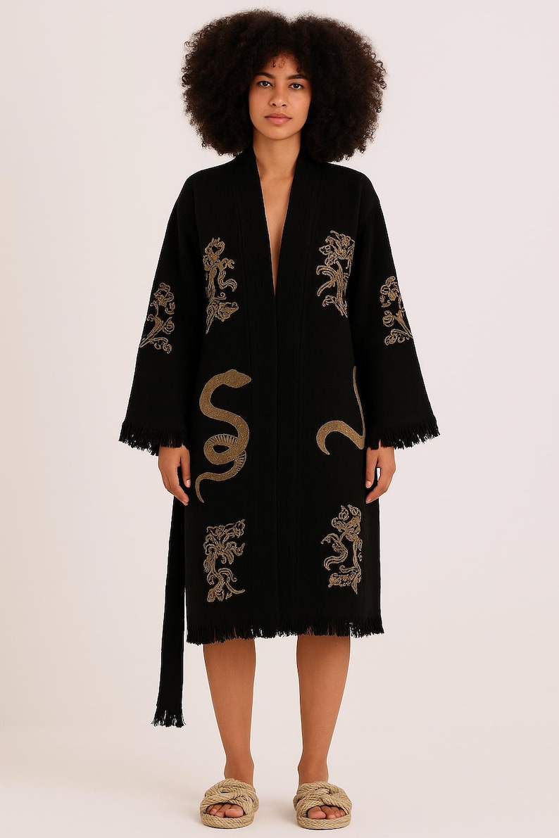 Shimpan Robe Gold Hand-painted Snake Kimono | Black Cotton Robe With Mythical Motifs ...