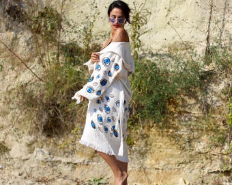 Evil Eye Muslin Kimono Robe: Hooded Organic Cotton Kaftan