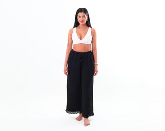 Black Muslin Cotton Palazzo Pants: Fringed Boho Beach Trousers