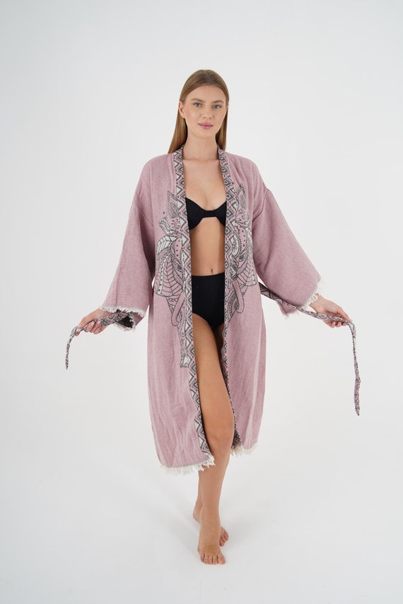 Kimono di cotone rosa cipria, vestaglia boho rosa, vestaglia turca