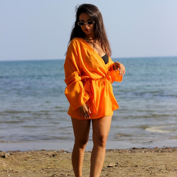 Orange Turkish Linen Kimono Robe: Plus Size Boho Dress