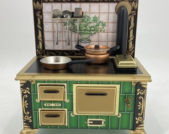 Schopper Tin Toy Stove With Pot Pan Utensils Green and Black 1:12 Germany