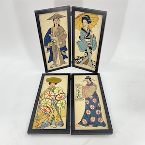 Pair Japanese Geisha Woman Man Asian Figure Cross Stitch Finished Bi-Fold Frame