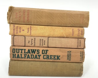 Vintage Western Novel Cloth Bound Book Stack Hendryx Badlands Brown Tan Color