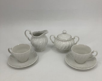 Johnson Brothers Regency White China 2 Tea Cup Saucers Creamer Lidded Sugar Bowl