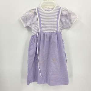 Petite Gamine Vintage Girls Dress Purple White Stripe Faux Apron Cottagecore 6