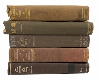 Dark Chocolate Brown Cloth Bound Book Stack of 5 Vintage Shabby Novels Decor