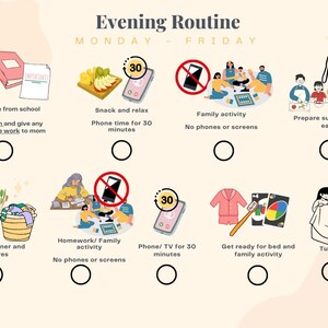 May include: An Evening Routine chart for Monday through Friday featuring illustrated tasks with checkboxes. Icons depict school, snacks, family time, dinner, chores, homework, and bedtime. Text includes 'Evening Routine', '4pm: Home from school', and 'Tuck in'.