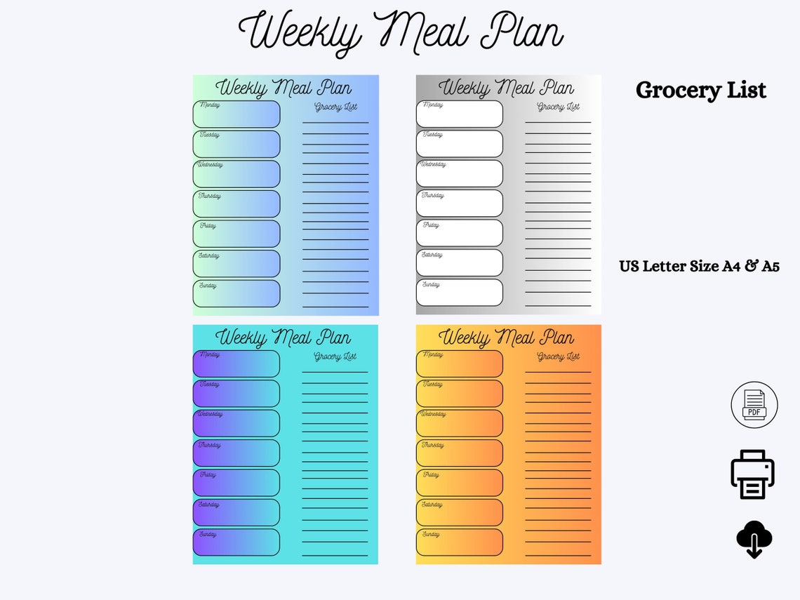 Weekly Meal Plan Printable, Grocery List, Planner, Meal Plan, A4 / A5 ...