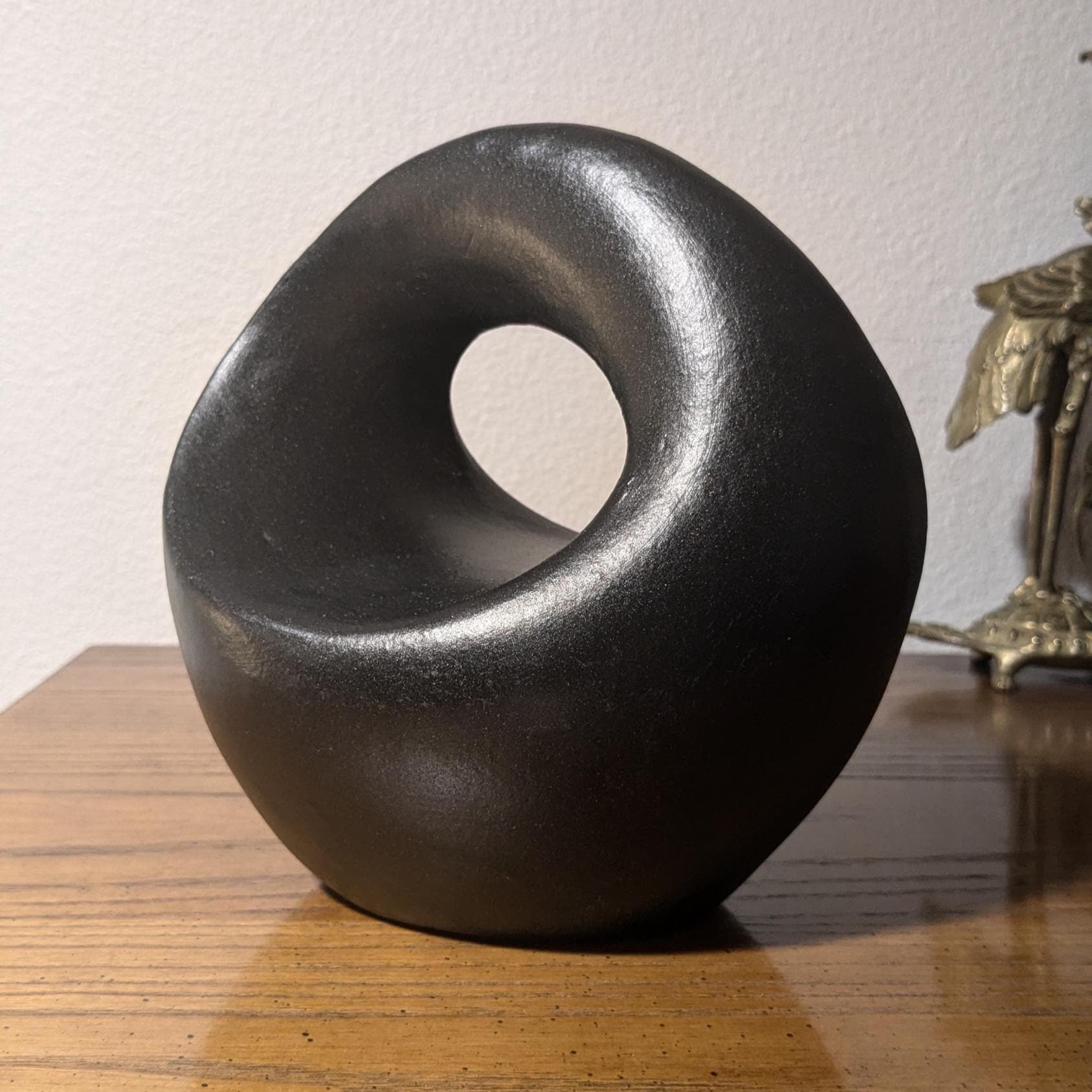 Vintage Biomorphic Terracotta Sculpture: Abstract Black Orb, Semi-Gloss Glaze