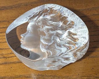Vintage Carved Crystal Sculpture: Mats Jonasson Swedish Art Glass Paperweight