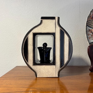Barbara Hertel, Raku Potter, Black Contemporary Raku Sculpture Vase with Stylized Figure cutout, Geometric Art Deco Revival Pottery