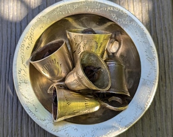 Vintage Miniature Brass Bells Set with Etched Floral Dish