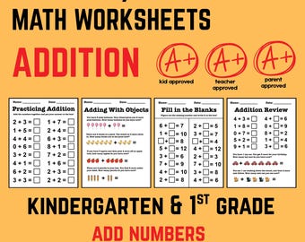 Printable Addition Worksheets for Kindergarten & 1st Grade | Classroom and Homeschool Math Printables | PDF Instant Download