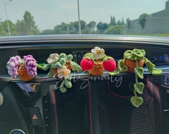ベントクリップ付きかぎ針編みのカープラント、かぎ針編みのイチゴ、花、植物、ラベンダー、かぎ針編みの鉢植え、女性用カーアクセサリー、彼女へのギフト