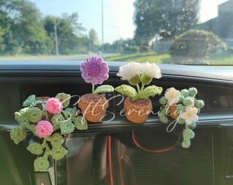 かぎ針編みのベントクリップ、車用植物、タンポポ、紫のデイジー、白い花、ピンクのバラ、ミニ鉢植え、女性用車アクセサリー、彼女へのギフト