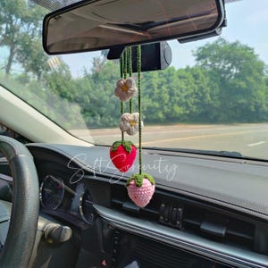 Car Mirror Hanging Accessory, Crochet Fruits, Crochet Strawberry, Car Accessory for Women, Car Plant Decor, Gift for her, Strawberry Gift