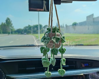 Adornos para el coche, accesorios para colgar espejos de coche, plantas minimalistas para el coche, decoración con plantas de interior, decoración con plantas verdes, plantas colgantes de crochet, regalo para ella