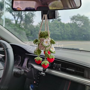Crochet strawberry Plant, Car Accessory for Women, Romantic Gift, Crochet Car Plant, Car Hanging, Red Strawberry, Car Decor, Gift for Her