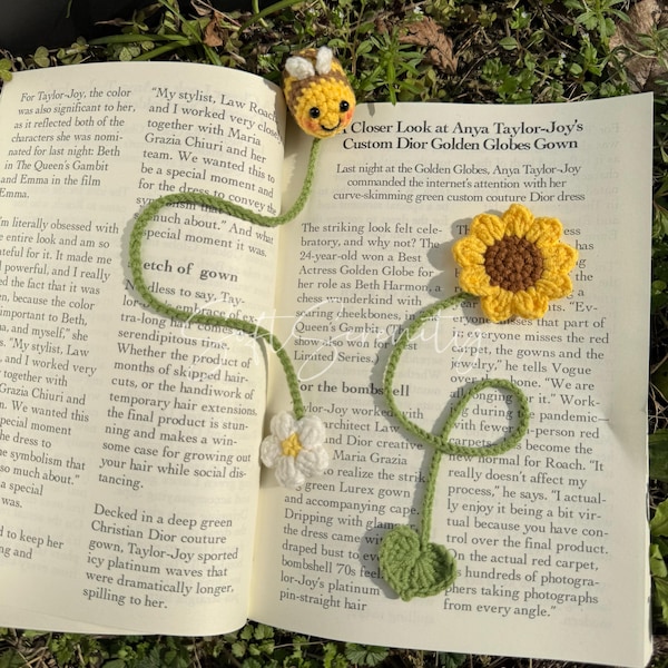 Gehaakte bladwijzer, mini-bij bladwijzer, zonnebloem bladwijzer, cadeau voor boekenliefhebber, cadeau voor leraar, terug naar school cadeau, plantenliefhebber cadeau