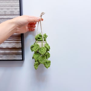 May include: A handmade crochet hanging plant with a white pot and trailing green leaves. The plant is suspended by a cream-colored rope. The leaves are a vibrant green, and the pot is a neutral white, creating a charming, miniature decorative piece.