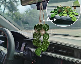 Monstera de ganchillo, colgante para espejo de coche, planta verde, planta para coche, fresa roja, soporte para botella de aceite esencial, difusor para coche, regalo para ella