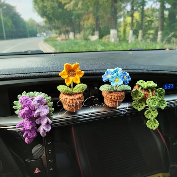 Crochet Car Plant with Vent Clip, Crochet Forget-Me-Not, Sunflower, Violet, Monstera, Mini Potted Plants, Car Decor for Women, Gift for Her