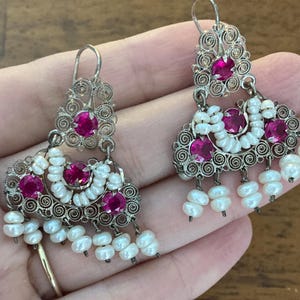Vintage Oaxaca Mexico Filigree Sterling Silver Dangle Drop Earrings - Pearls Ruby Red Colored Stones  handmade jewelry vtg beautiful