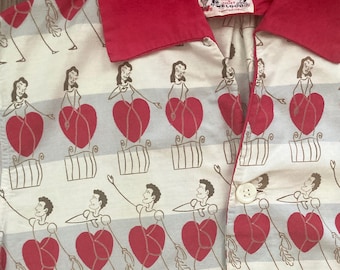 Vintage 1950s Romeo Juliette Red Heart People Print Button-Up Shirt –  50s kitsch novelty Large