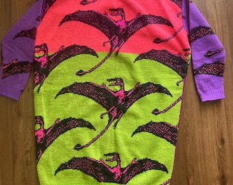 RARE Betsey Johnson ptérodactyle néon pull en tricot Deadstock - Peewees Playhouse Dinosaurs - étiquette Punk vintage des années 80