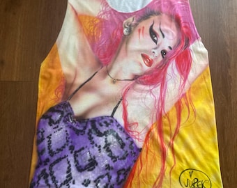 Chemise Nina Hagen aérographe vintage des années 1980 - T-shirt punk rock gothique néon coloré sexy des années 80 - Moyenne