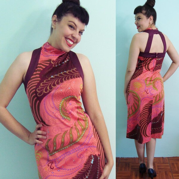 70s Foxy Psychadelic Dress with Cut Out Window Back - pink maroon paisley