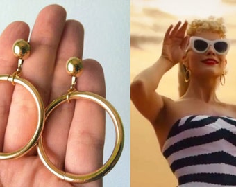 50s Gold Classic Barbie Movie Dangle Drop Hoop Earrings Goldtone - minimalist wedding bridesmaid bride handmade jewelry vintage retro