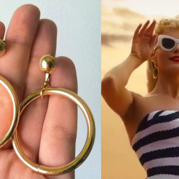 50s Gold Classic Barbie Movie Dangle Drop Hoop Earrings Goldtone - minimalist wedding bridesmaid bride handmade jewelry vintage retro