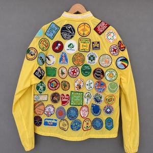 Vintage 1970s Patch Covered Jacket  San Francisco Bay Badges  Pins Camp Girl Scouts Memorabilia kitsch novelty Yellow 70s 80s 1980spatches